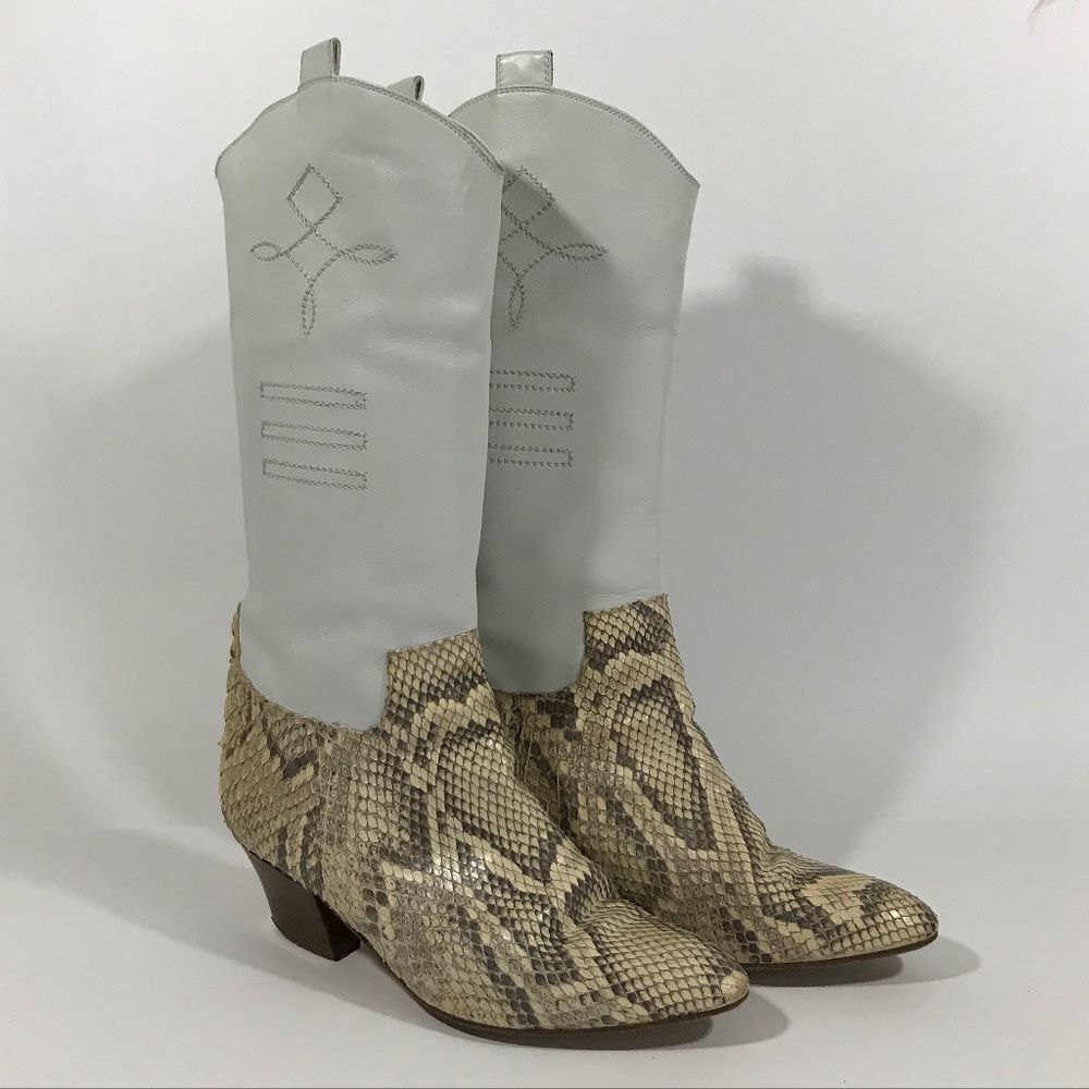 Miss Maud White Leather & Snake Cowboy Boots
